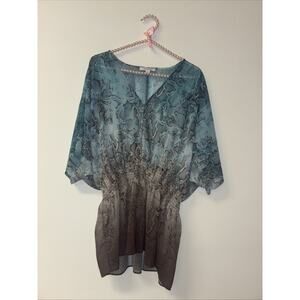 Monograph Sz Sm Snake Skin Print Teal Brown Blouse‎ Sheer Swim Cover Up Beachy